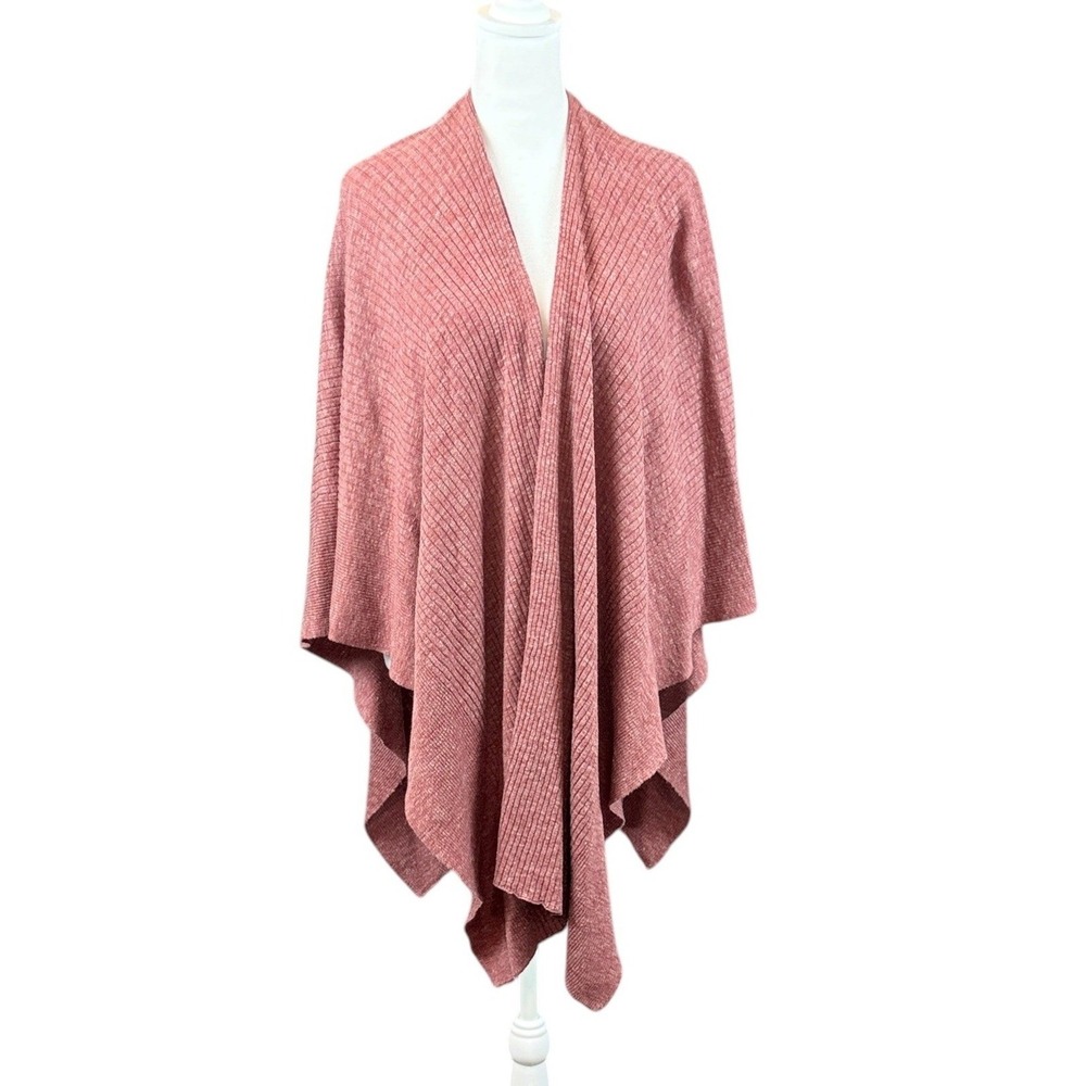 Eileen Fisher Womens OS Dusty Rose Wool Linen Ribbed Knit Wrap Poncho Open Cape